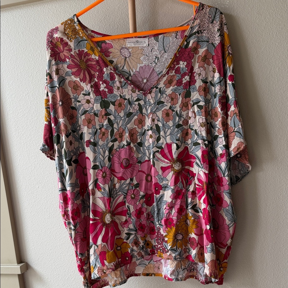 NATURAL LIFE Pink Multicolor Floral V-Neck Tunic Top